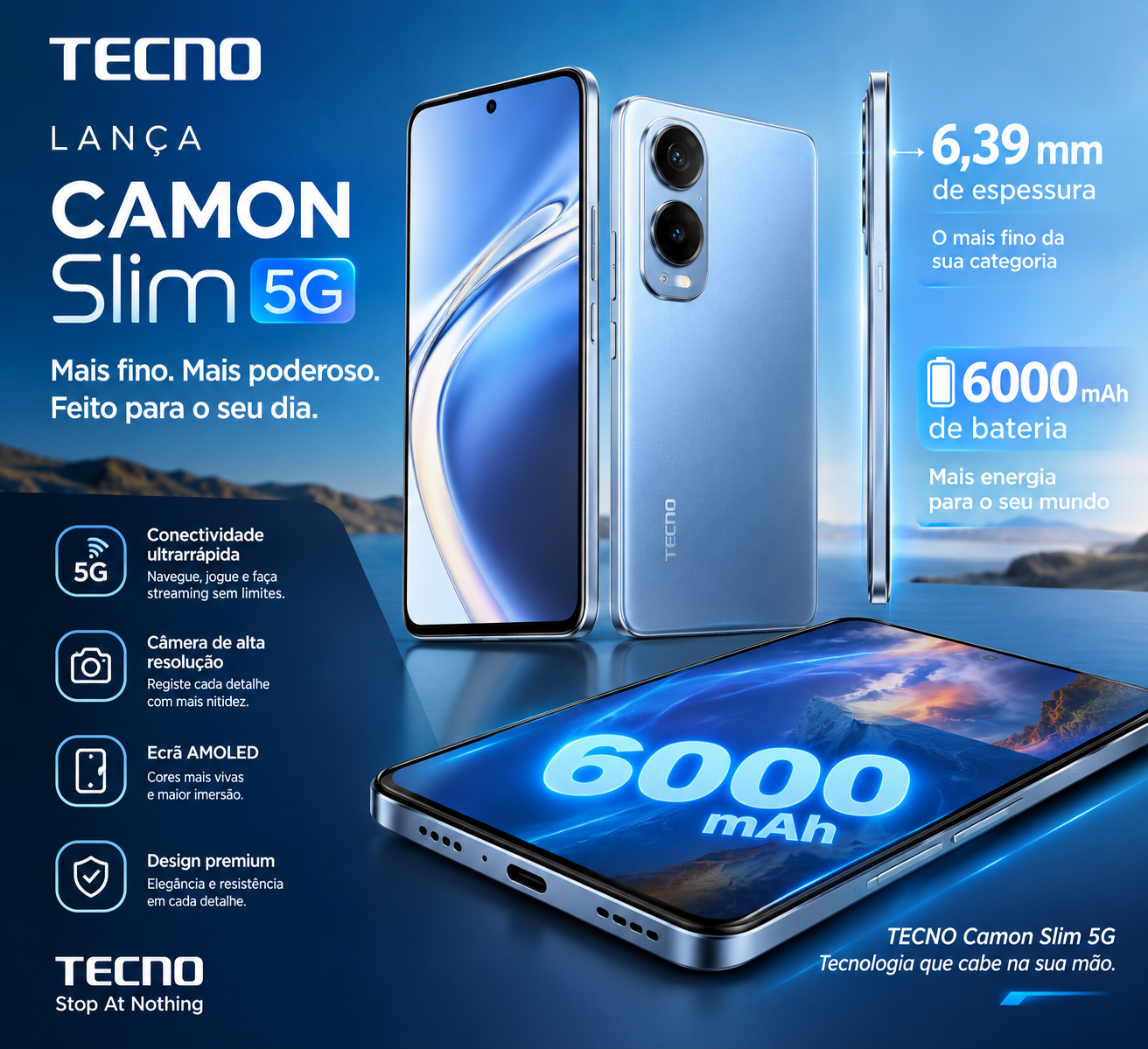 TECNO lança Camon Slim 5G: telemóvel com 6,39 mm de espessura e bateria de 6000 mAh