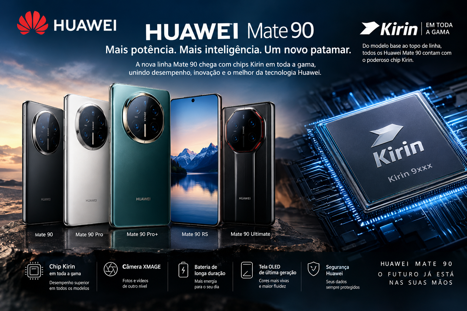 Huawei apresenta a nova linha Mate 90 com chips Kirin em toda a gama