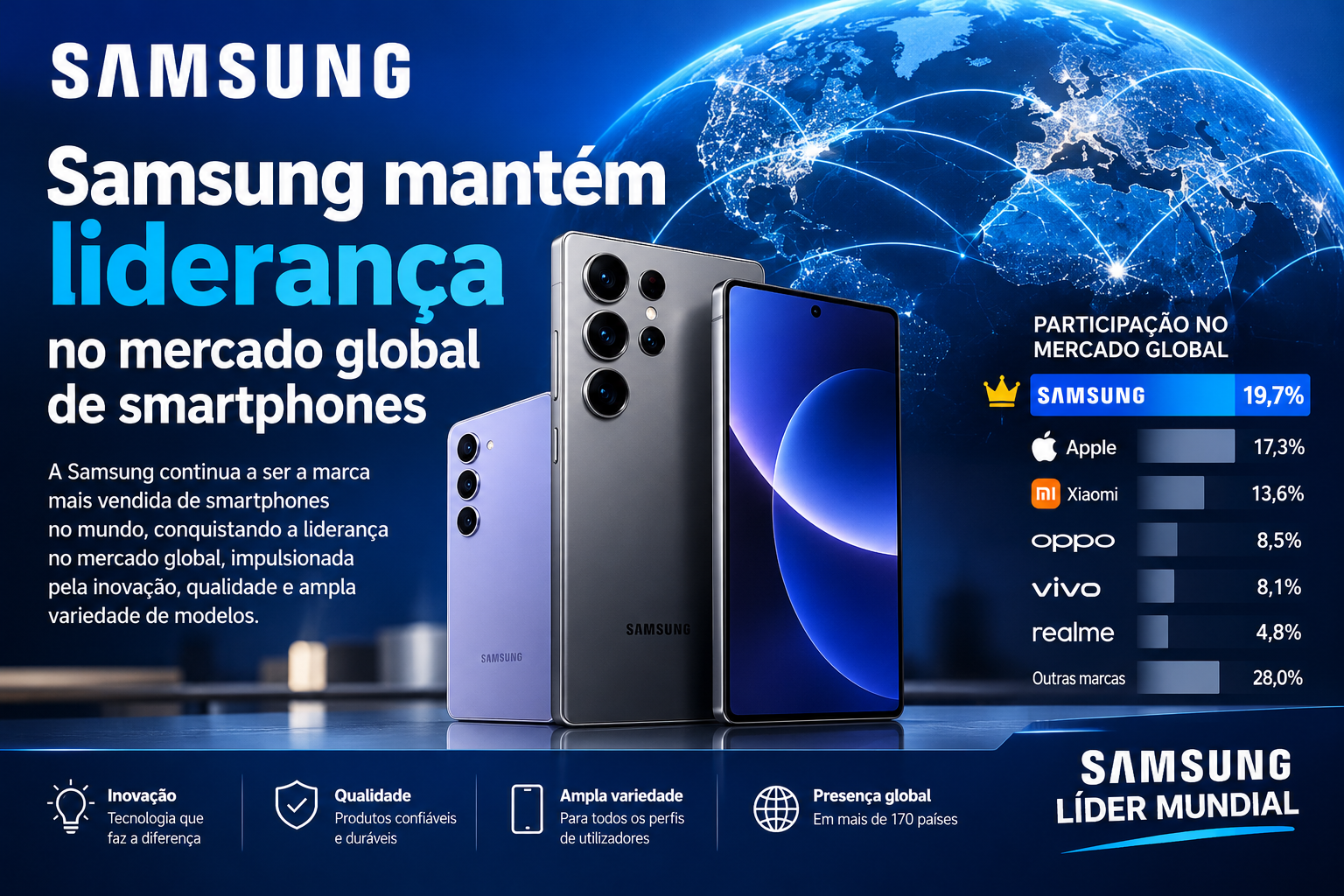 Samsung mantém liderança no mercado global de smartphones